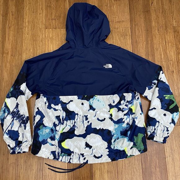 The North Face Windbreaker Rain Jacket Hooded Floral Lightweight Blue Large - Picture 2 of 9